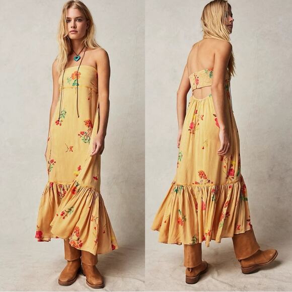 Free People Dresses & Skirts - Free People Bohemian Rosie Posie Strapless Midi Dress Yellow Floral Size Large